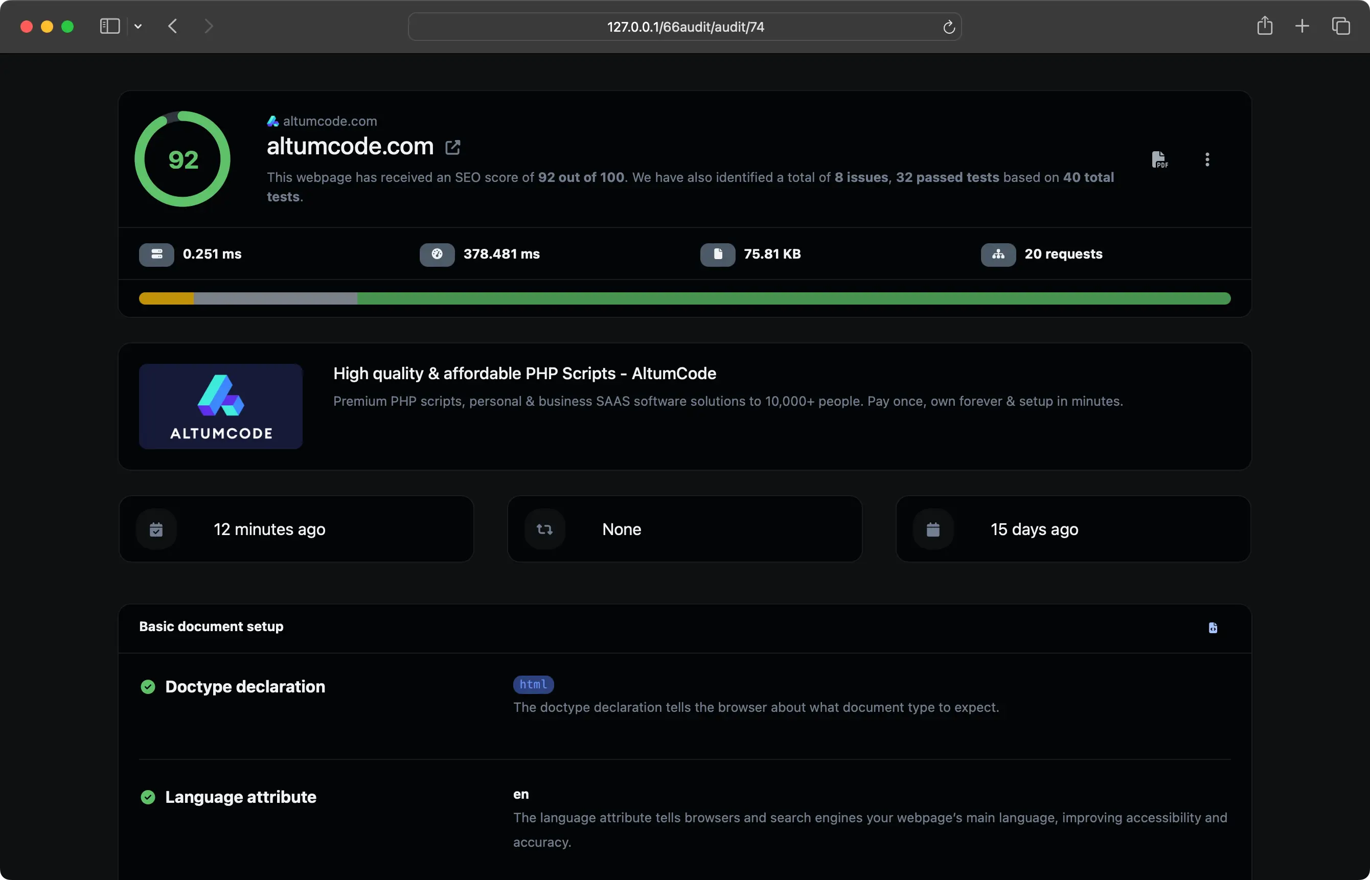 Capture d’écran du tableau de bord de l’application